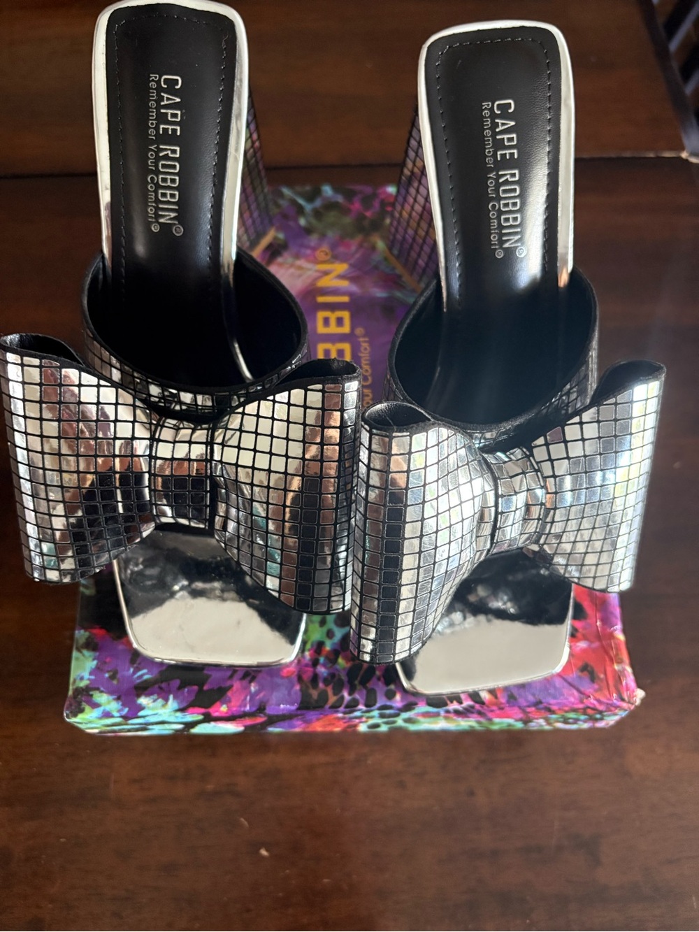 Cape Robbin Mirrored Silver Bow Open-Toe Mules